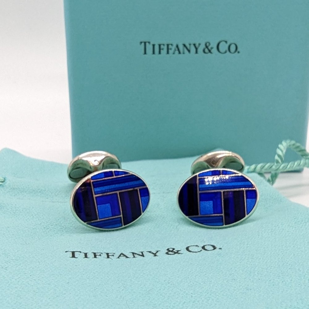 RARE VINTAGE Tiffany & Co. Plaid Blue Enamel Sterling Silver 925 Cuff Links
